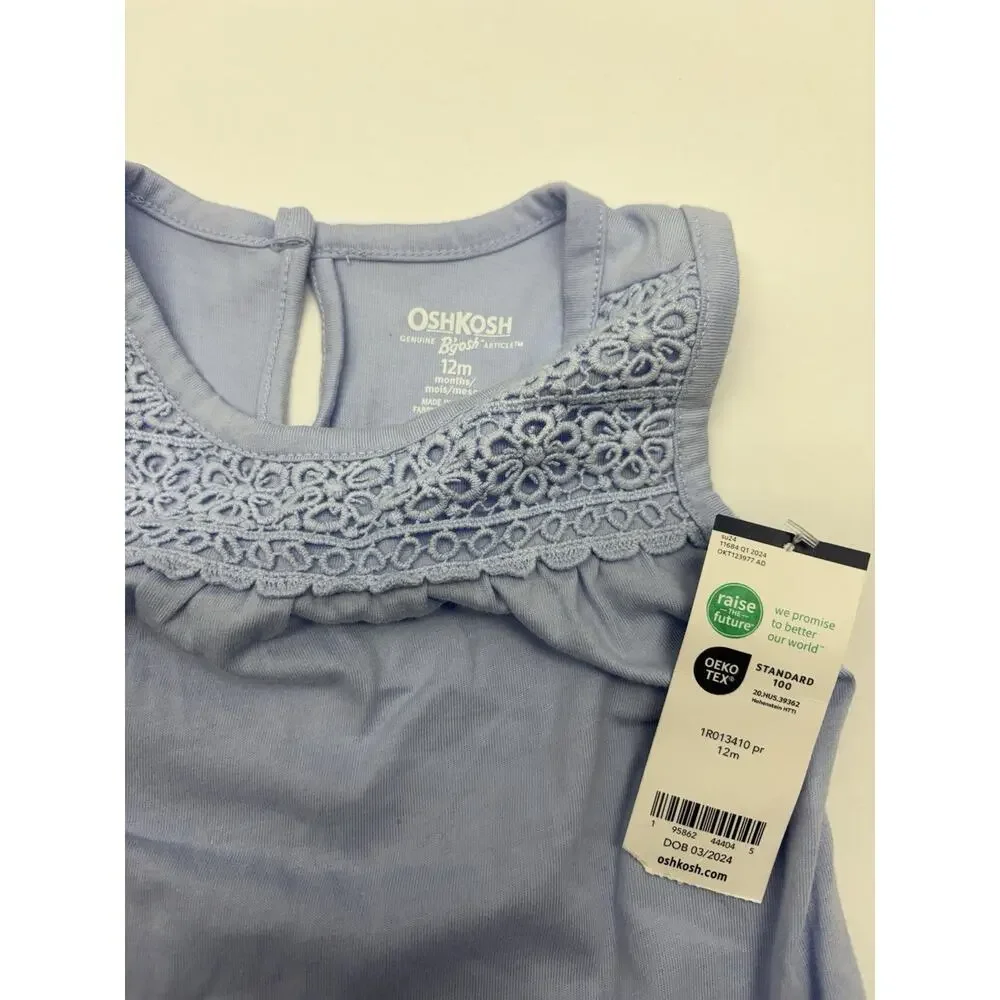 OshKosh B’gosh Baby Girls 12M Blue Floral Embroidered Sleeveless Top NWT